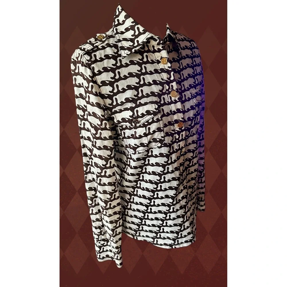 Tory Burch‎ Women Brown White Cotton Button Down Shirt Epaulettes size 4